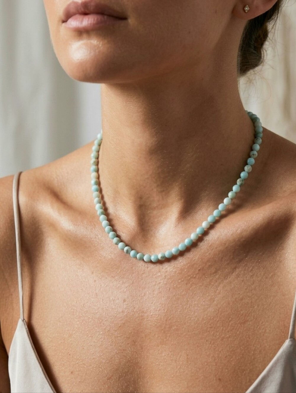 Dainty Natural Faceted Larimar Silk Hand Knotted Beaded 925 Necklace